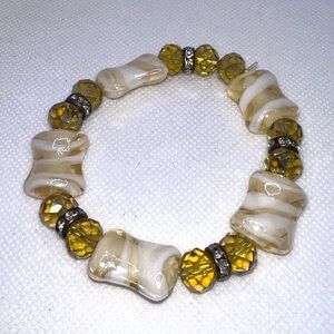 Chic Beaded Stretch Bracelet Cream White Swirl Amber Faceted‎ Gems Sparkle
